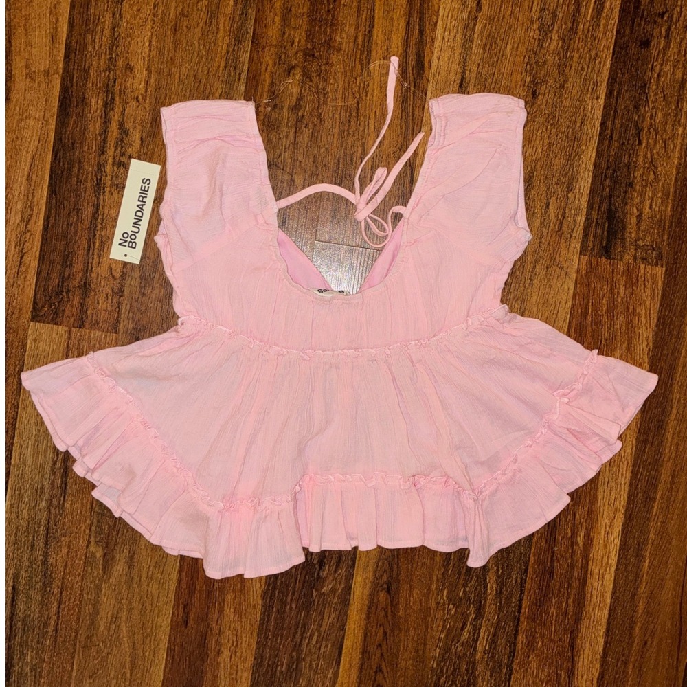 No Boundaries Womens Pink Babydoll Peplum Top Gauze Ruffle V-Neck Size S 4-6 NWT